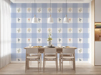 Lavender gingham wildflower wallpaper lining a bright Dining area