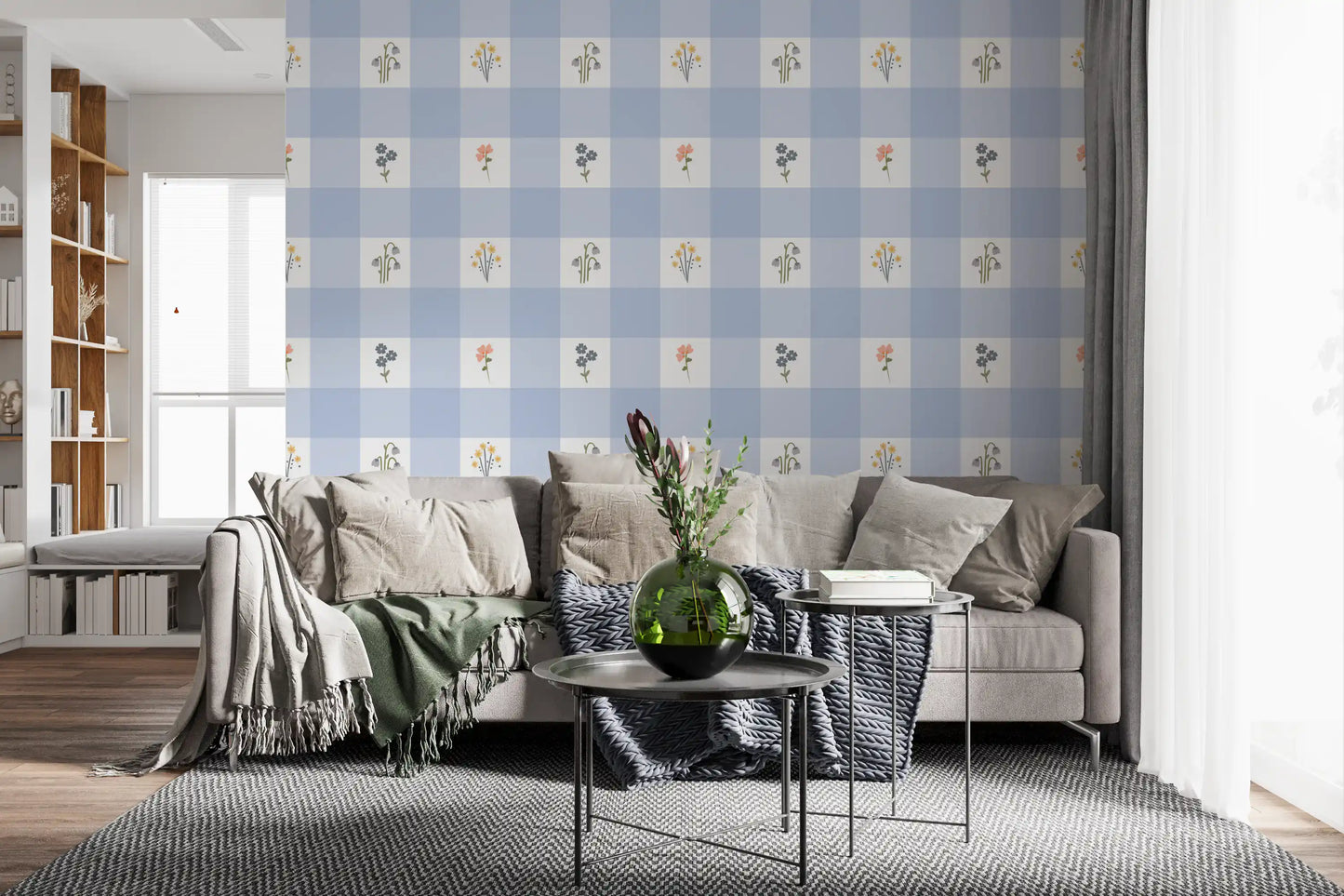 Floral Gingham wallpaper showing pink buds beside a periwinkle check
