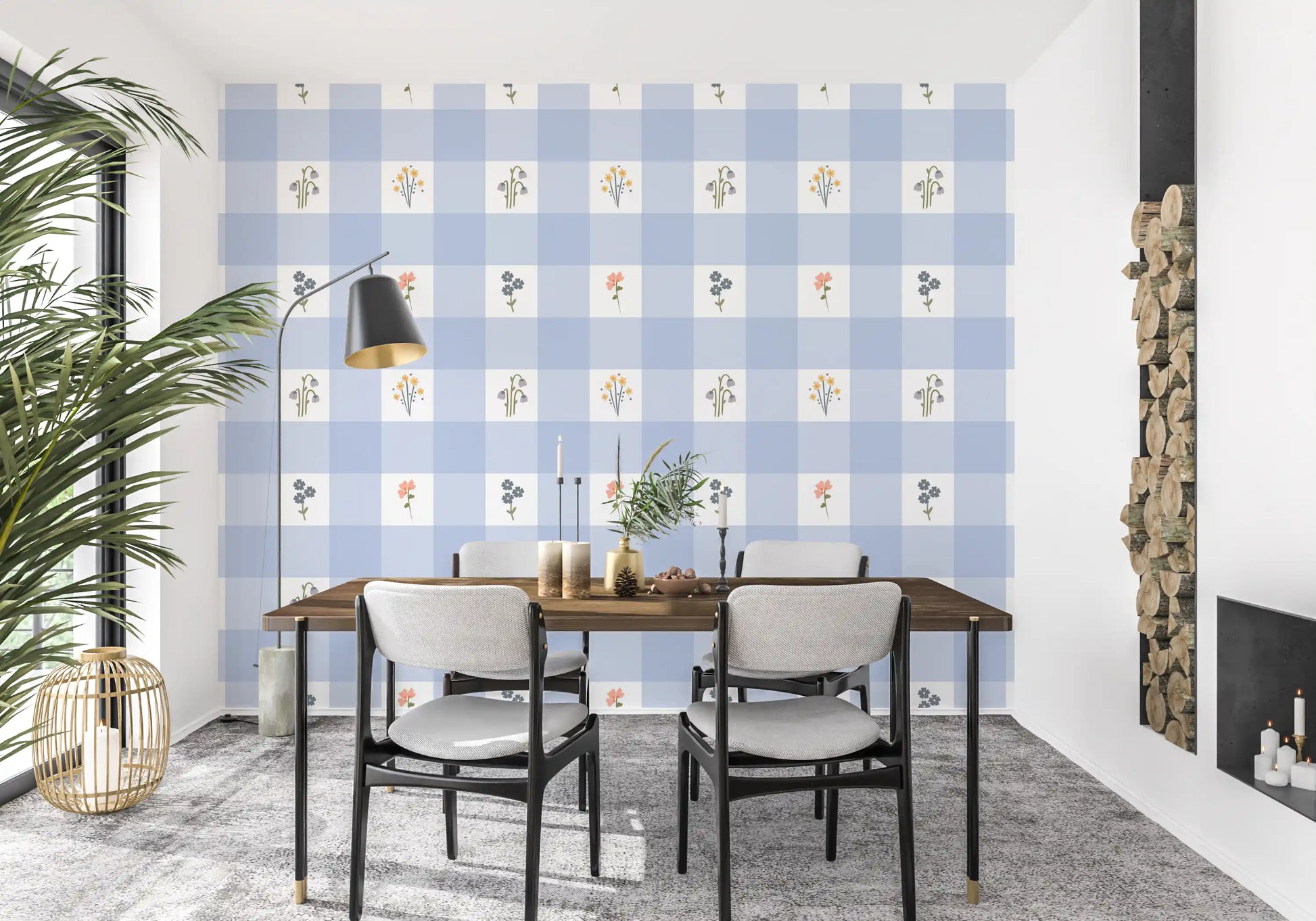 Grey-blue bluebells curving downward on the Floral Gingham wallpaper repeat