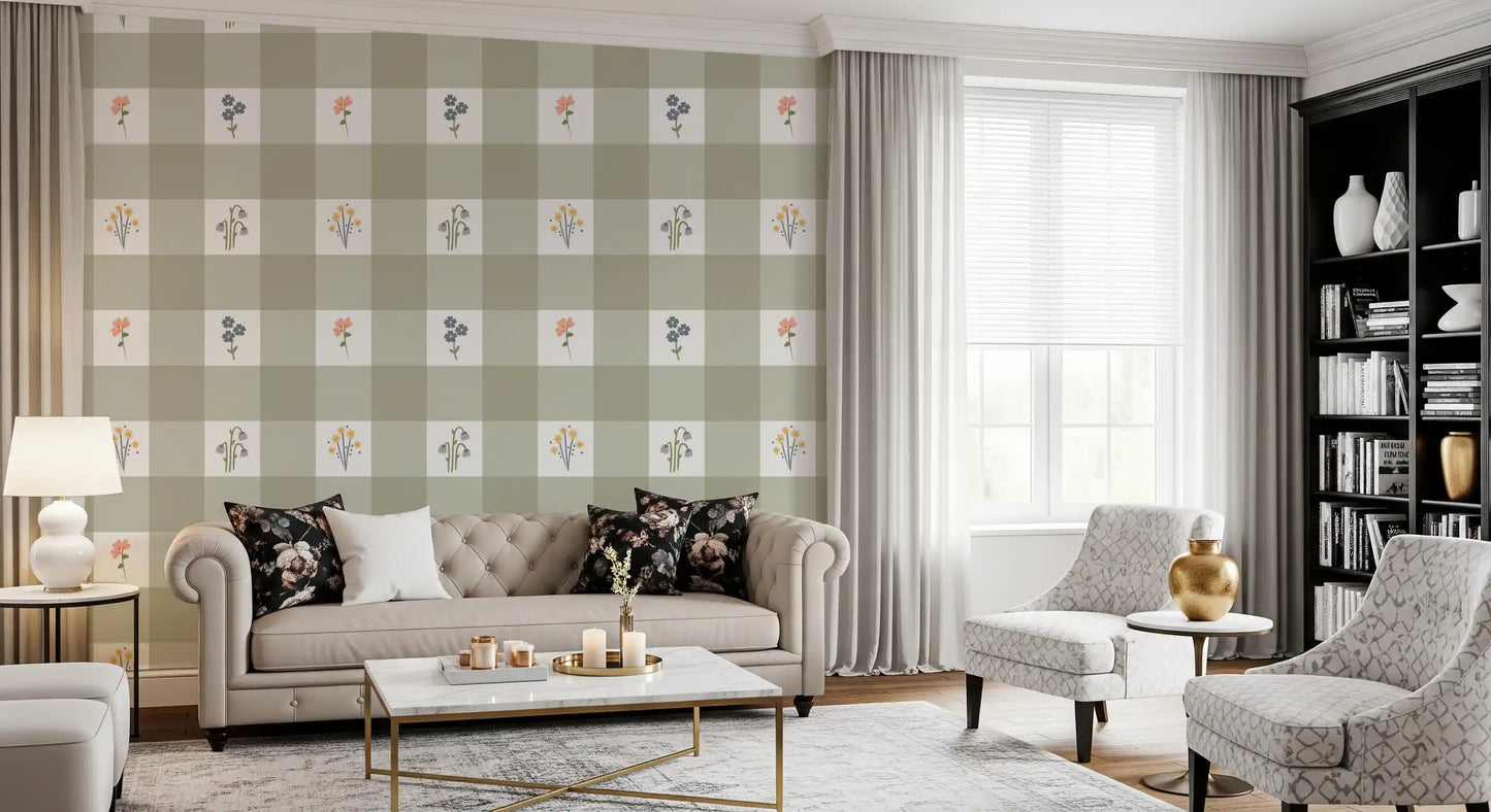 Living room space featuring the sage Gingham Floral wallpaper
