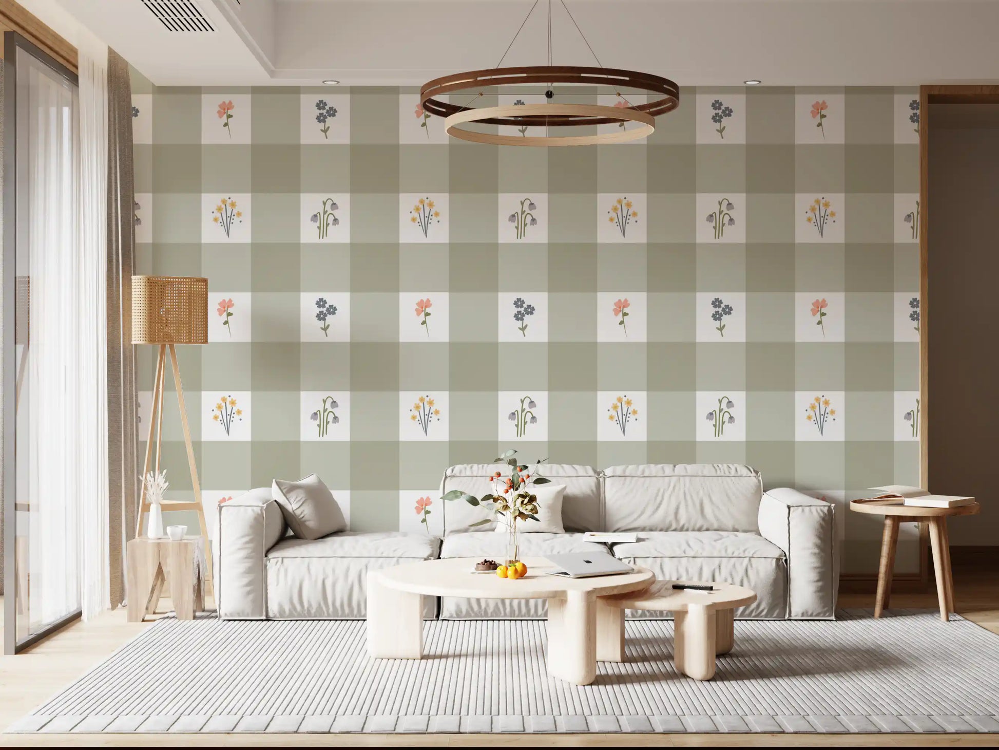 Muted olive tones at each crossing point on the Gingham Floral wallpaper