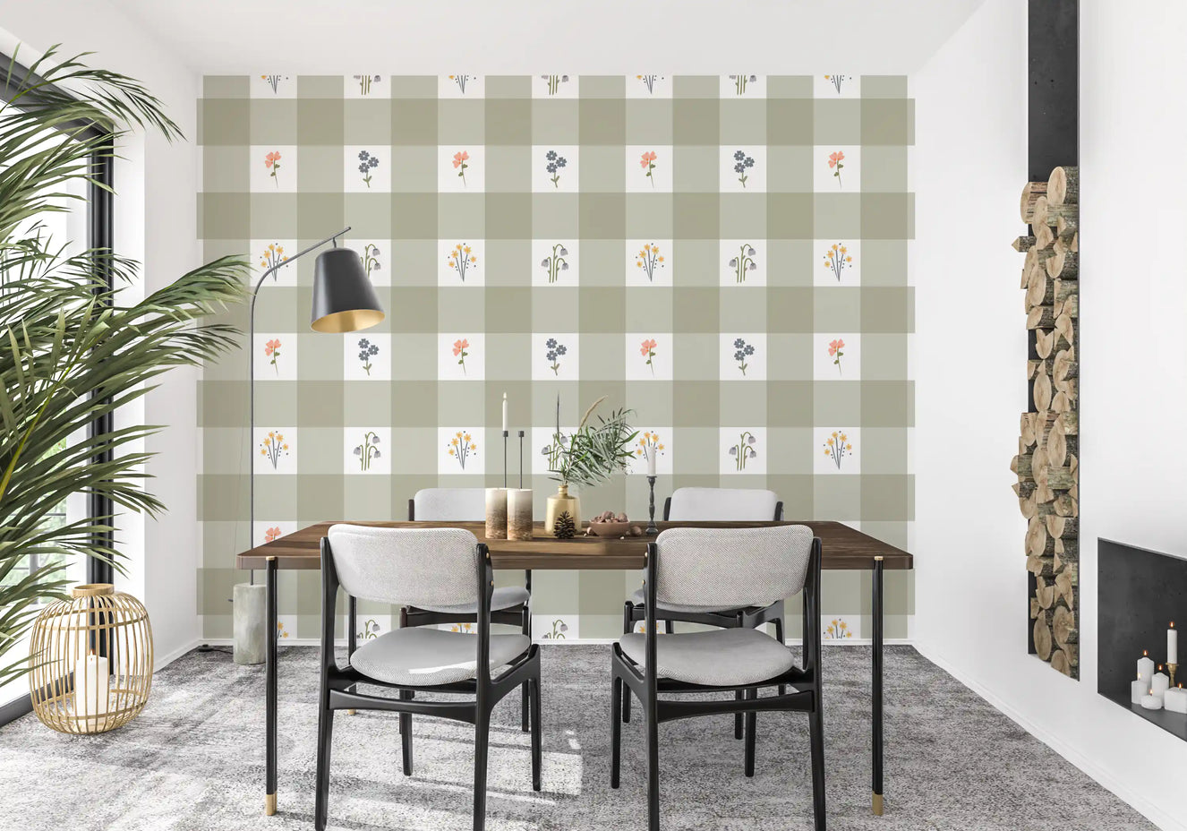 Carta da parati floreale a quadretti Gingham