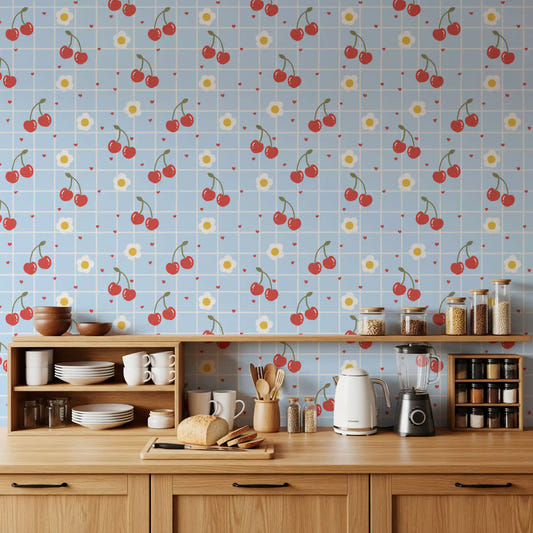 Kitchen with Sweet Cherry Gingham wallpaper behind wooden open shelving