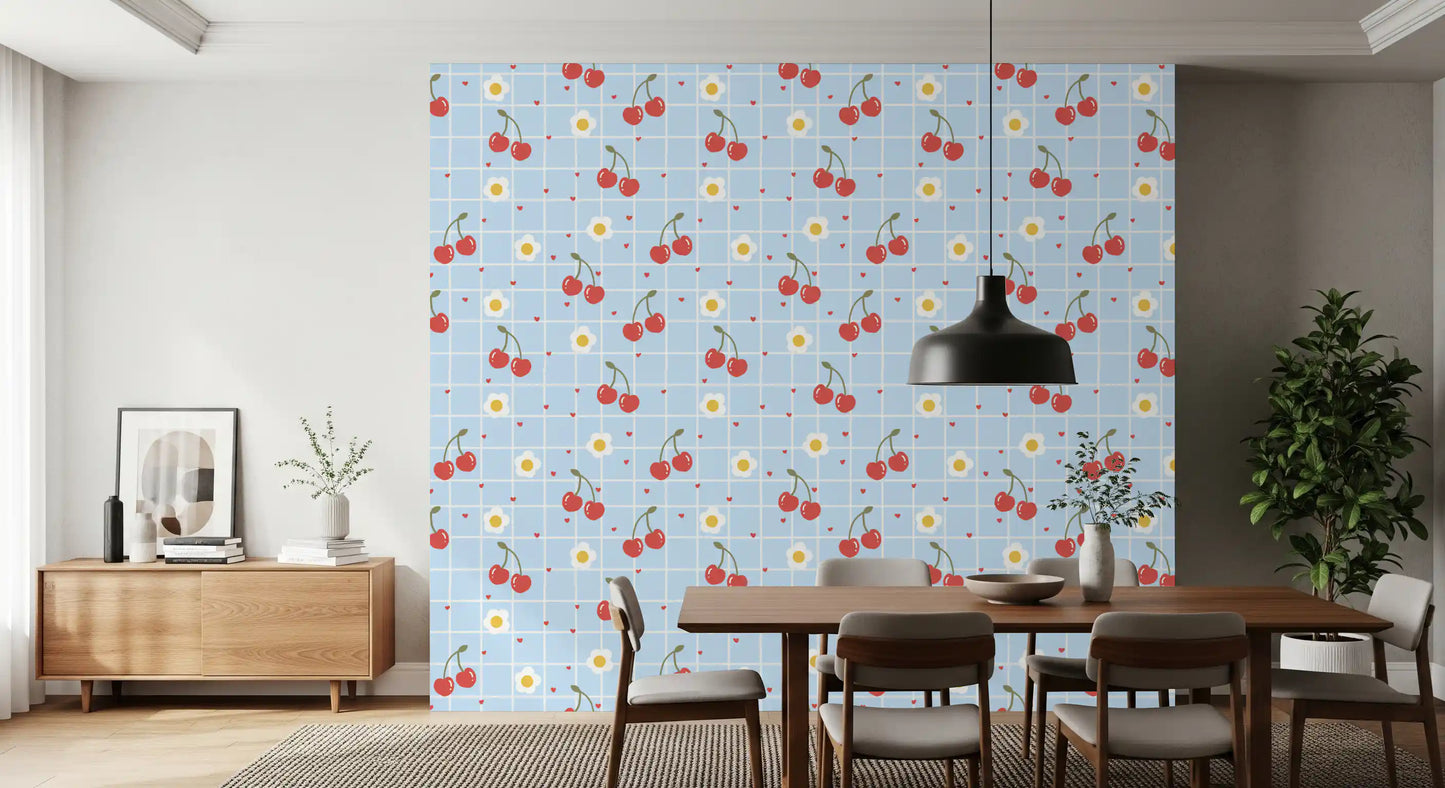 Repeating red cherry pairs on the Sweet Cherry Gingham wallpaper