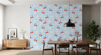 Repeating red cherry pairs on the Sweet Cherry Gingham wallpaper