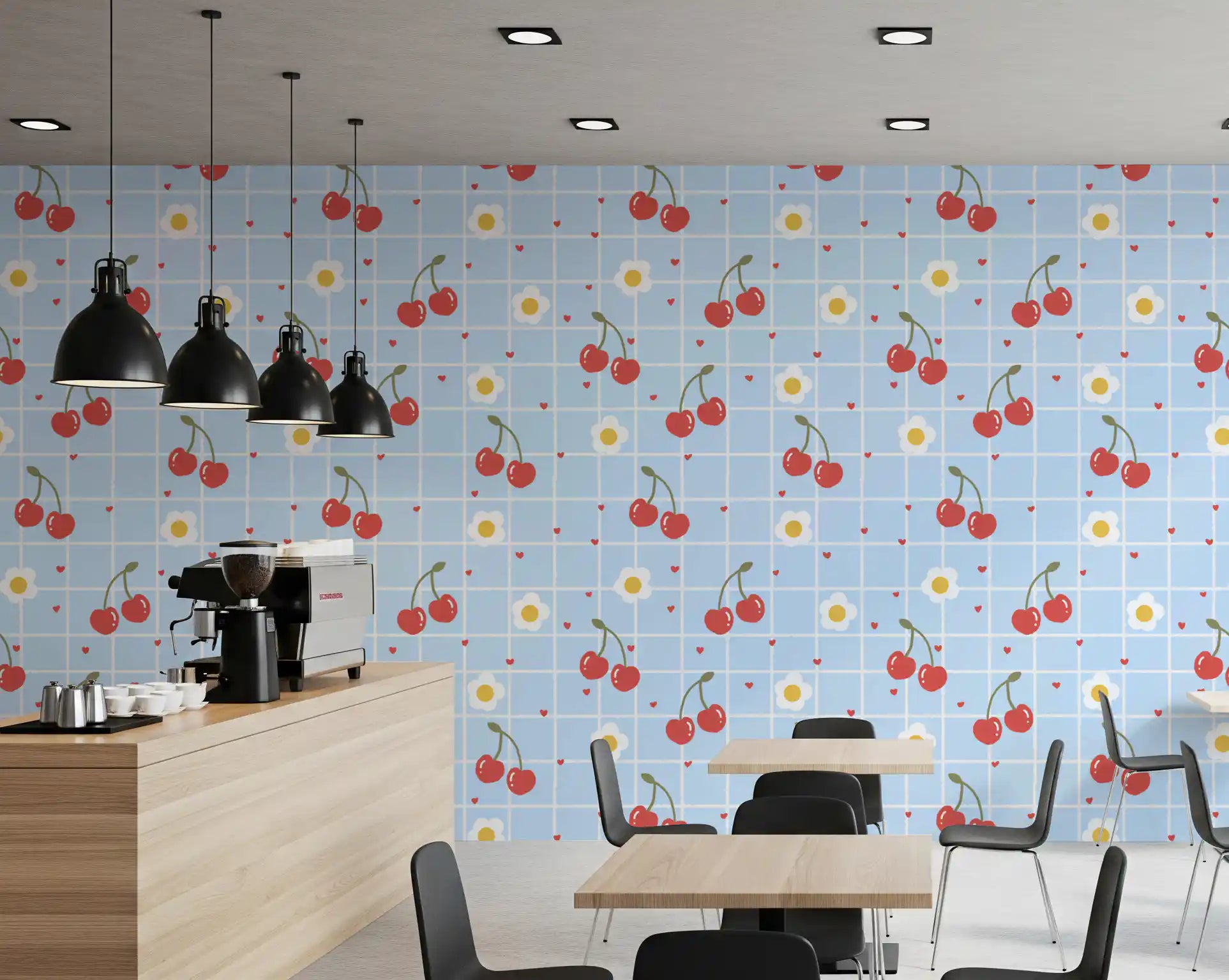 Café area featuring the Sweet Cherry Gingham wallpaper motif