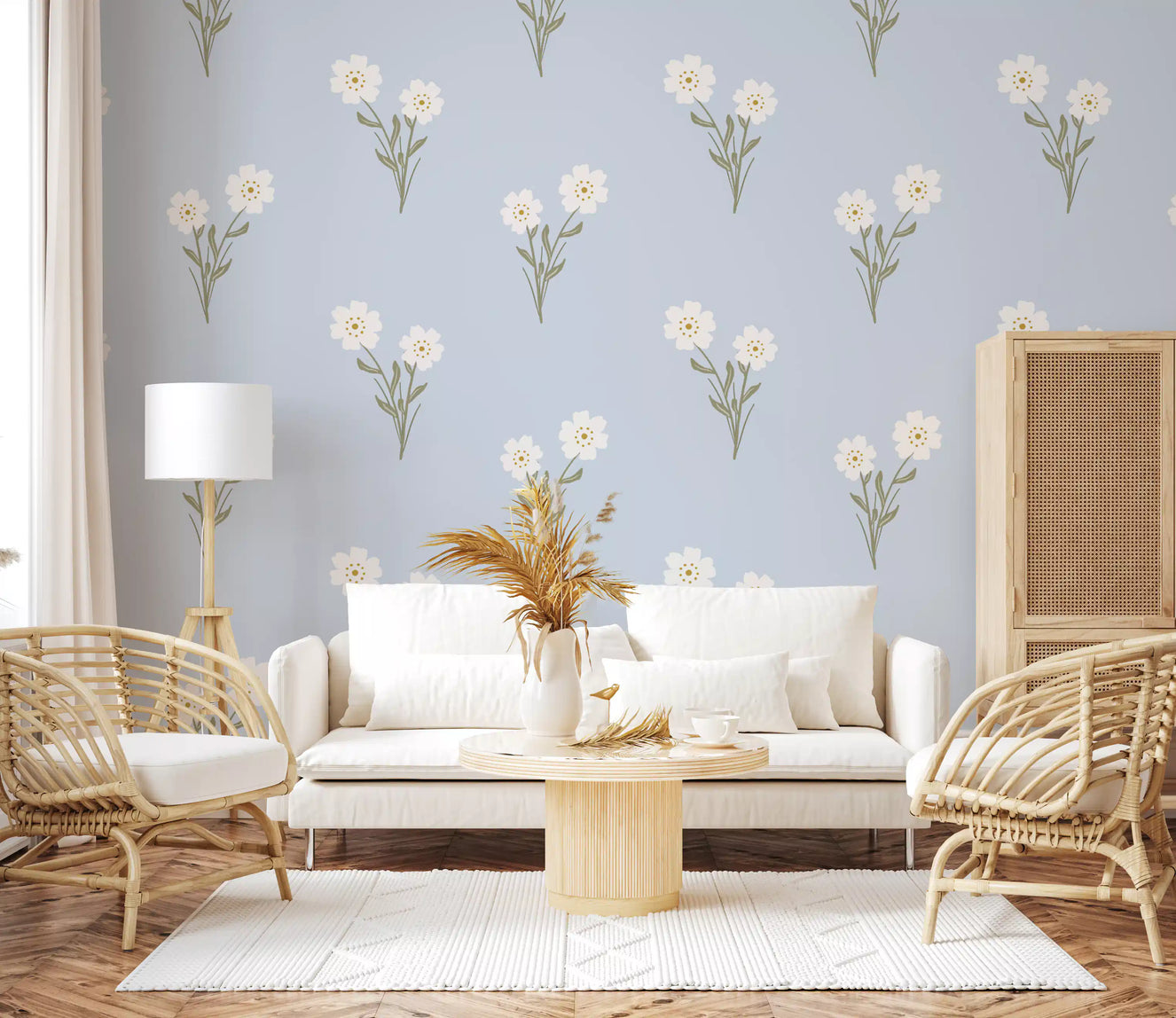 Soft Bloom Serenity wallpaper across a bright living room corner in blue