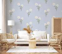 Soft Bloom Serenity wallpaper across a bright living room corner in blue