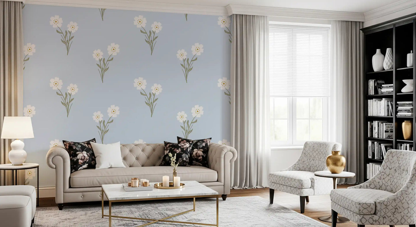Light filled living room paired with the Soft Bloom Serenity wallpaper