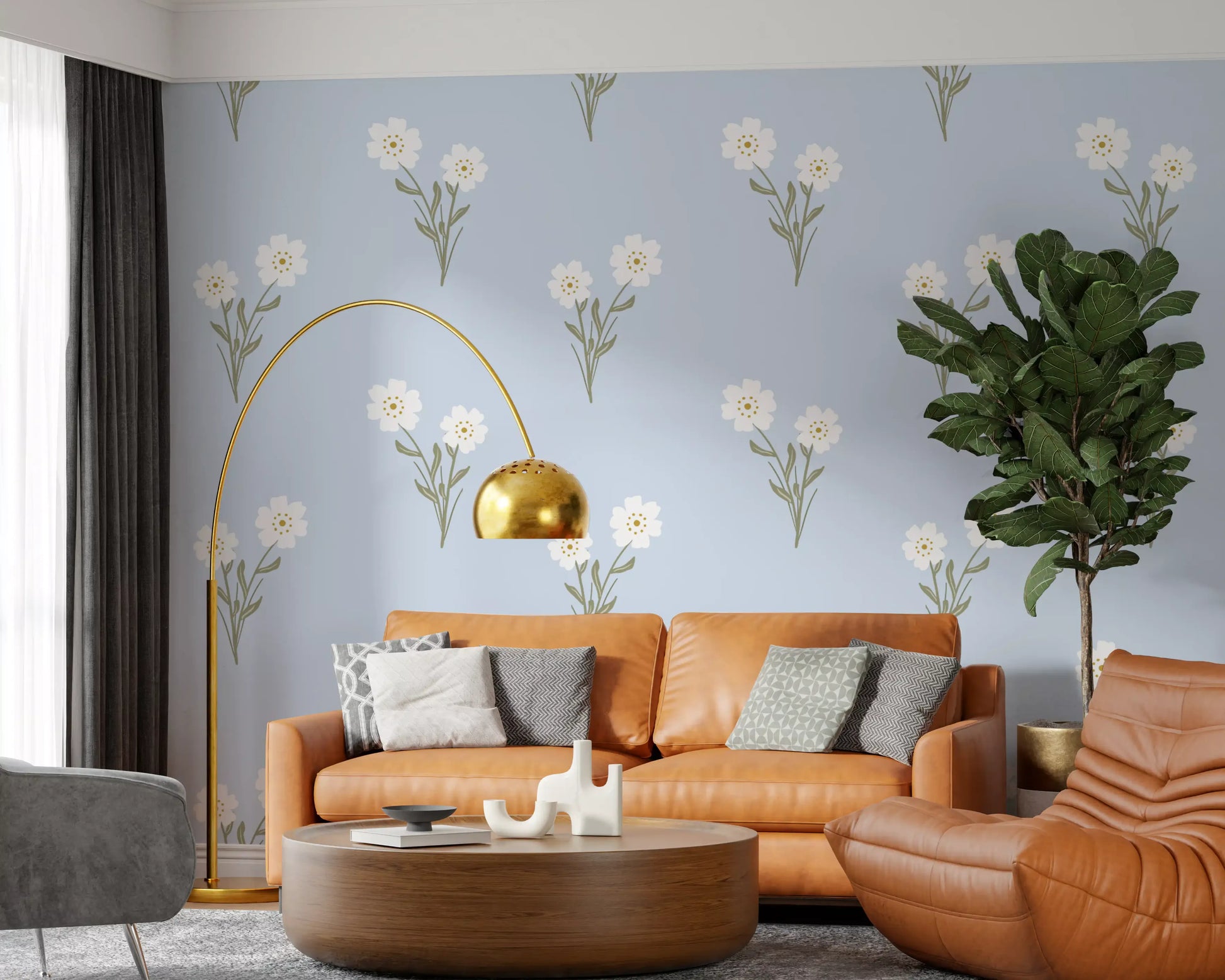 Olive green stems holding open petals across the Soft Bloom Serenity wallpaper