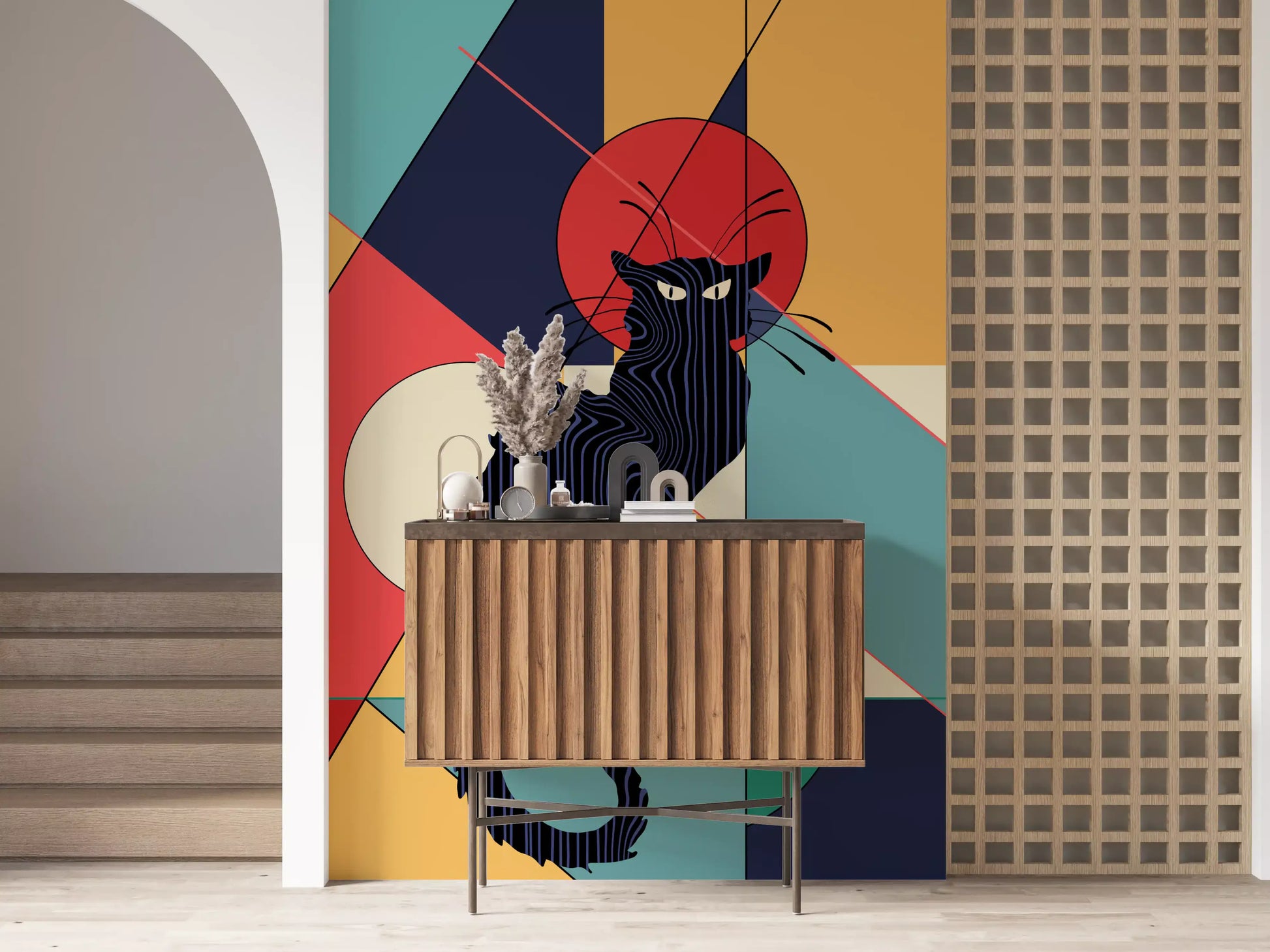 Wavy contour lines shape the seated feline on the Black Cat wall mural