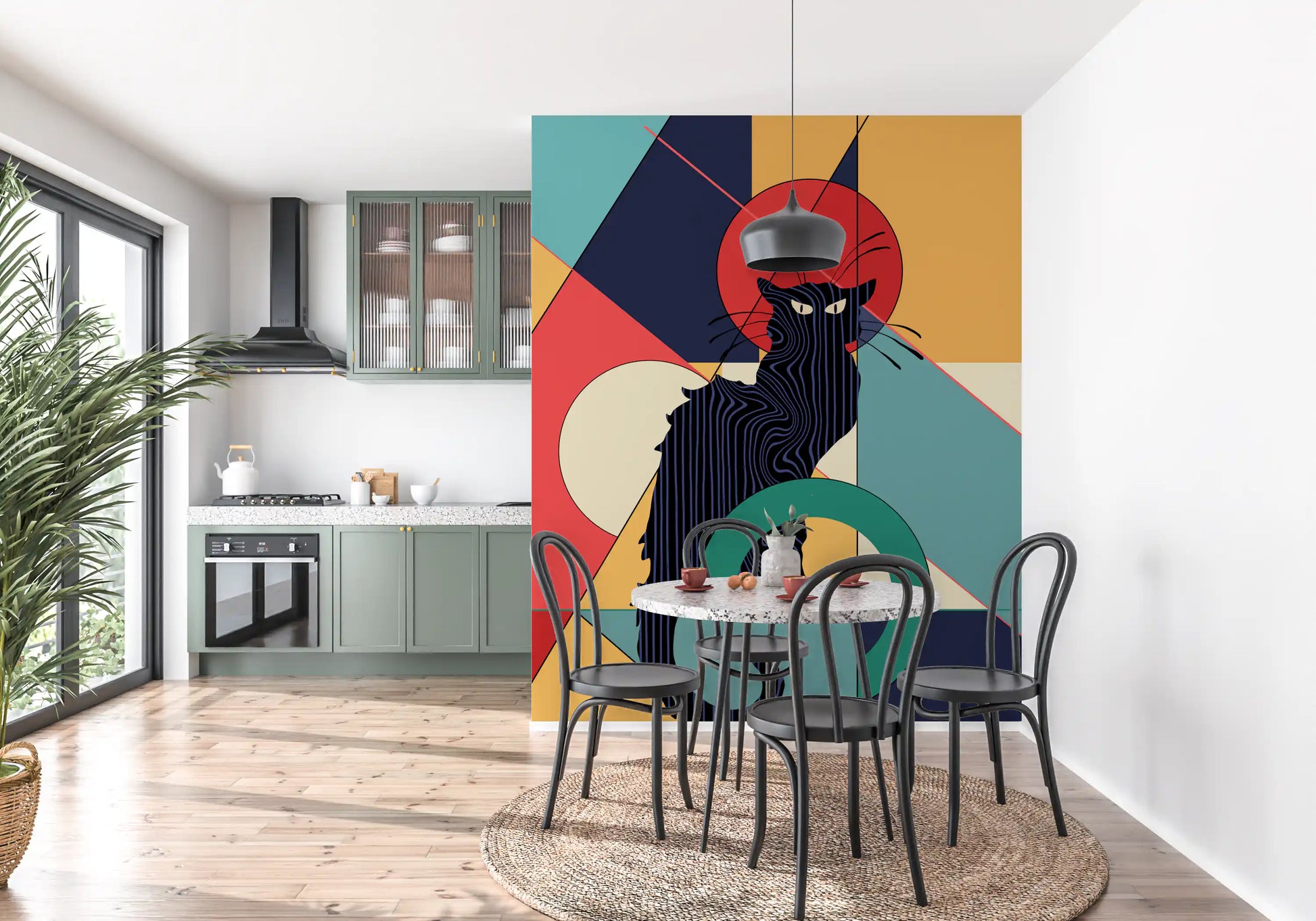Curled green tail spirals forward on the retro Black Cat wall mural