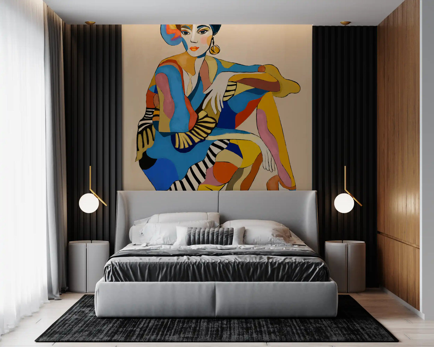The Cabaret Dancer wall mural blending tangerine and blue shapes