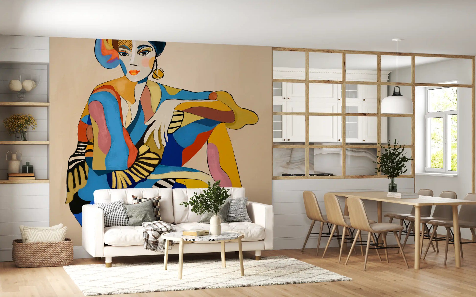 Warm beige entryway showcasing The Cabaret Dancer wall mural