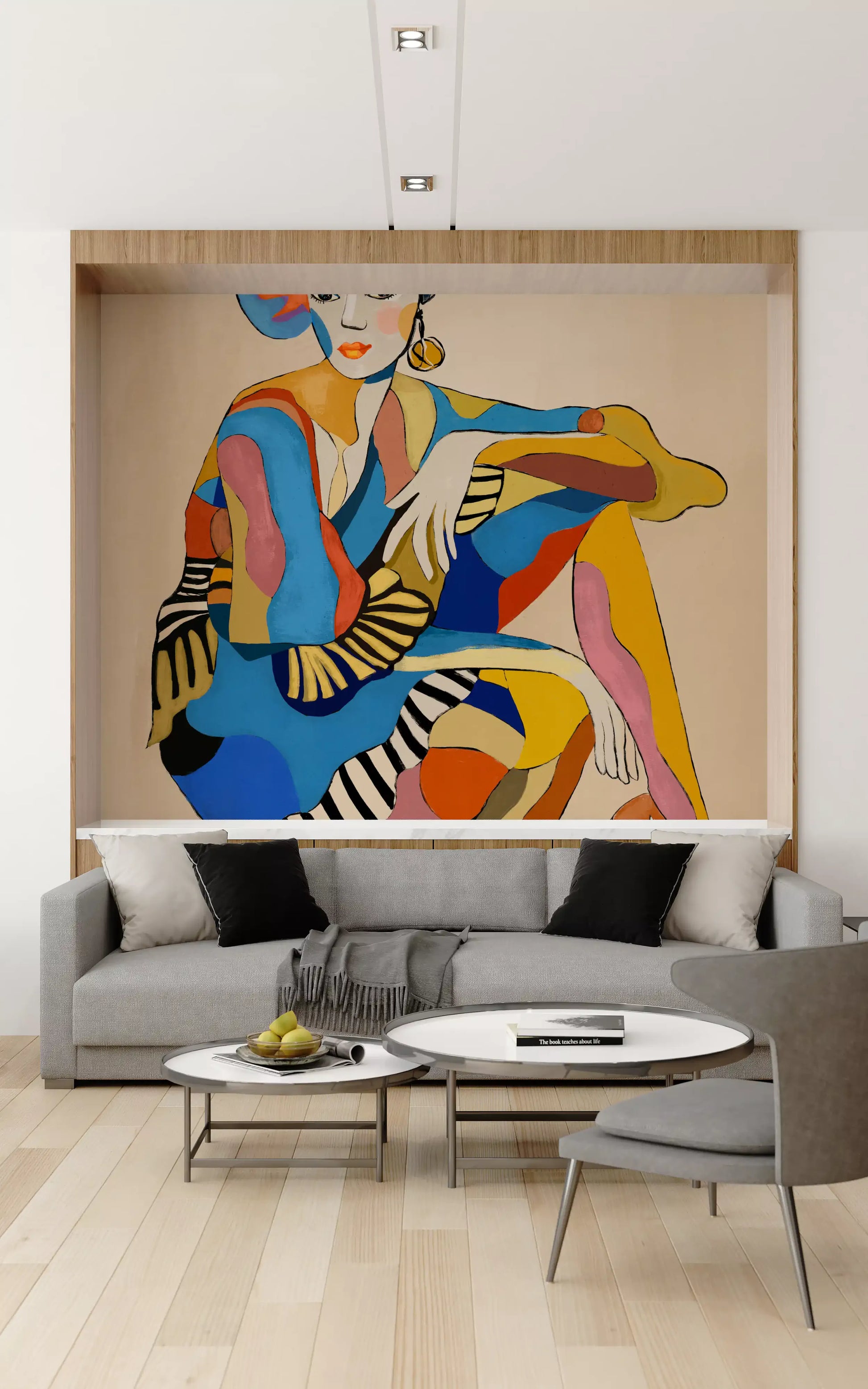 Figurative wall mural titled The Cabaret Dancer with striped accents