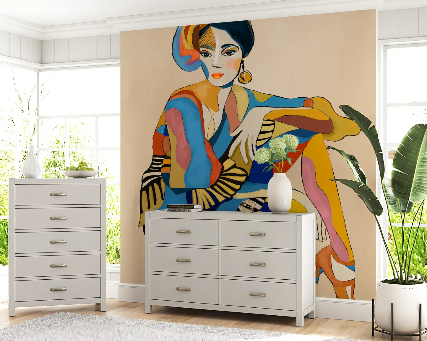 Bold seated figure on this wall mural complements a modern Hallway
