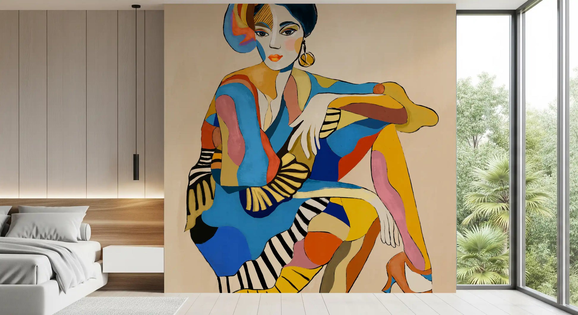 Seated woman in cobalt and gold on The Cabaret Dancer wall mural
