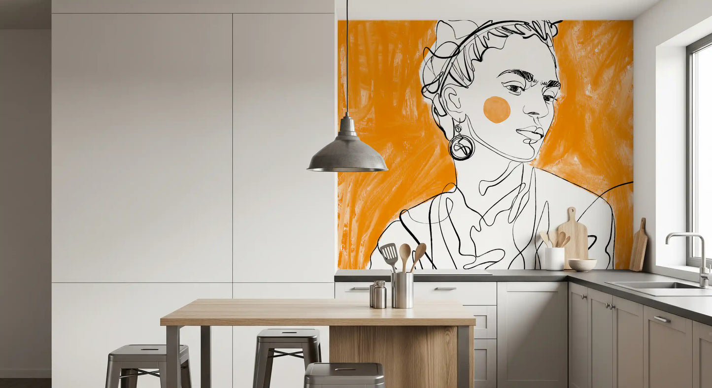 Brushstroke texture across the orange field of this Tangerine Muse wall mural