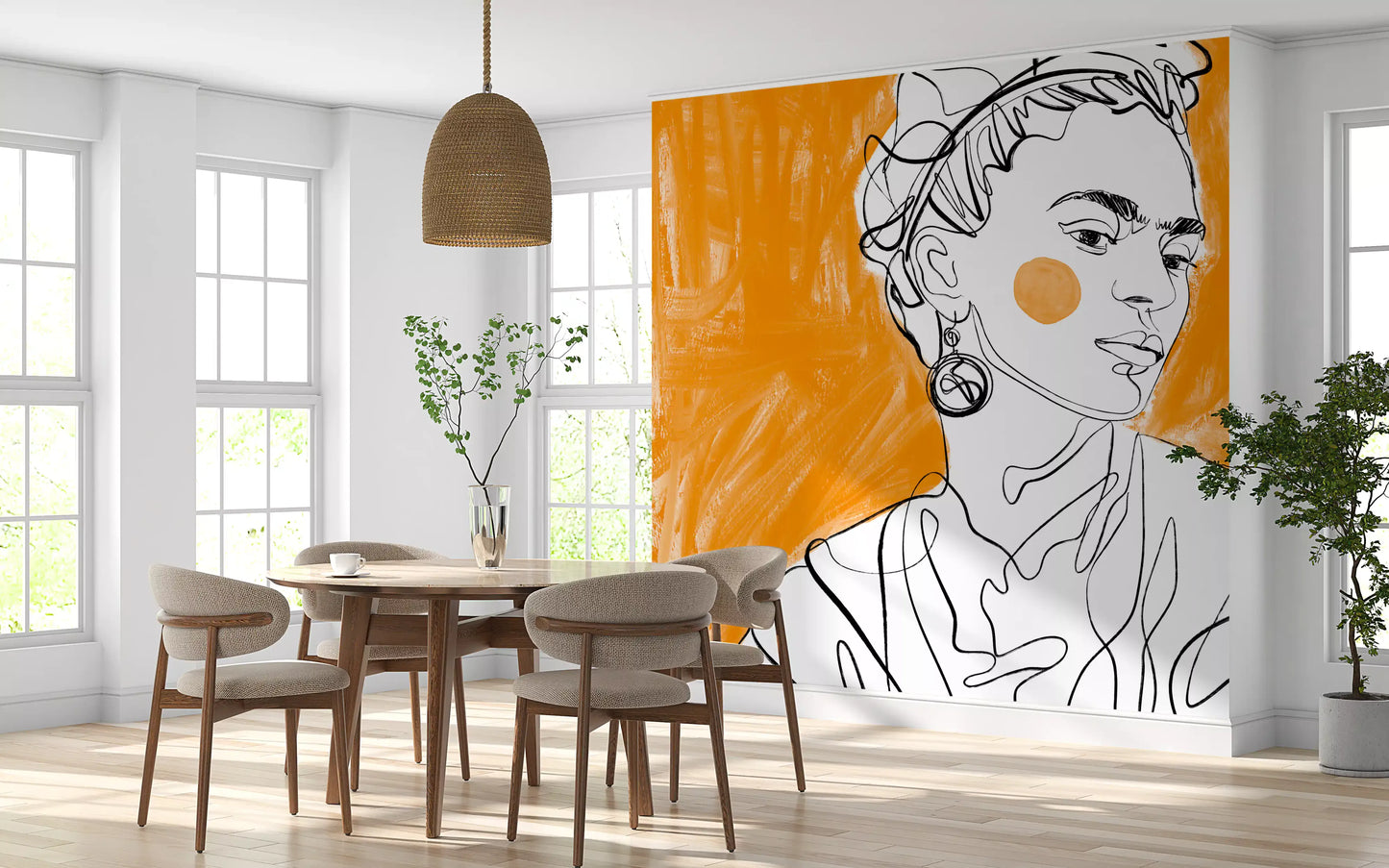 Floral hair detail visible on the Tangerine Muse line portrait wall mural