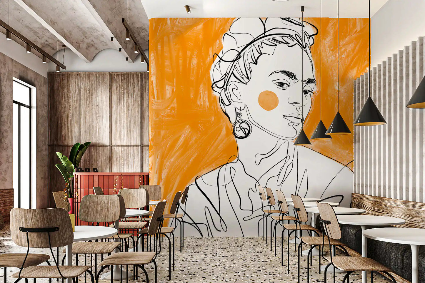 Cafe and restaurant area styled with the Tangerine Muse portrait wall mural
