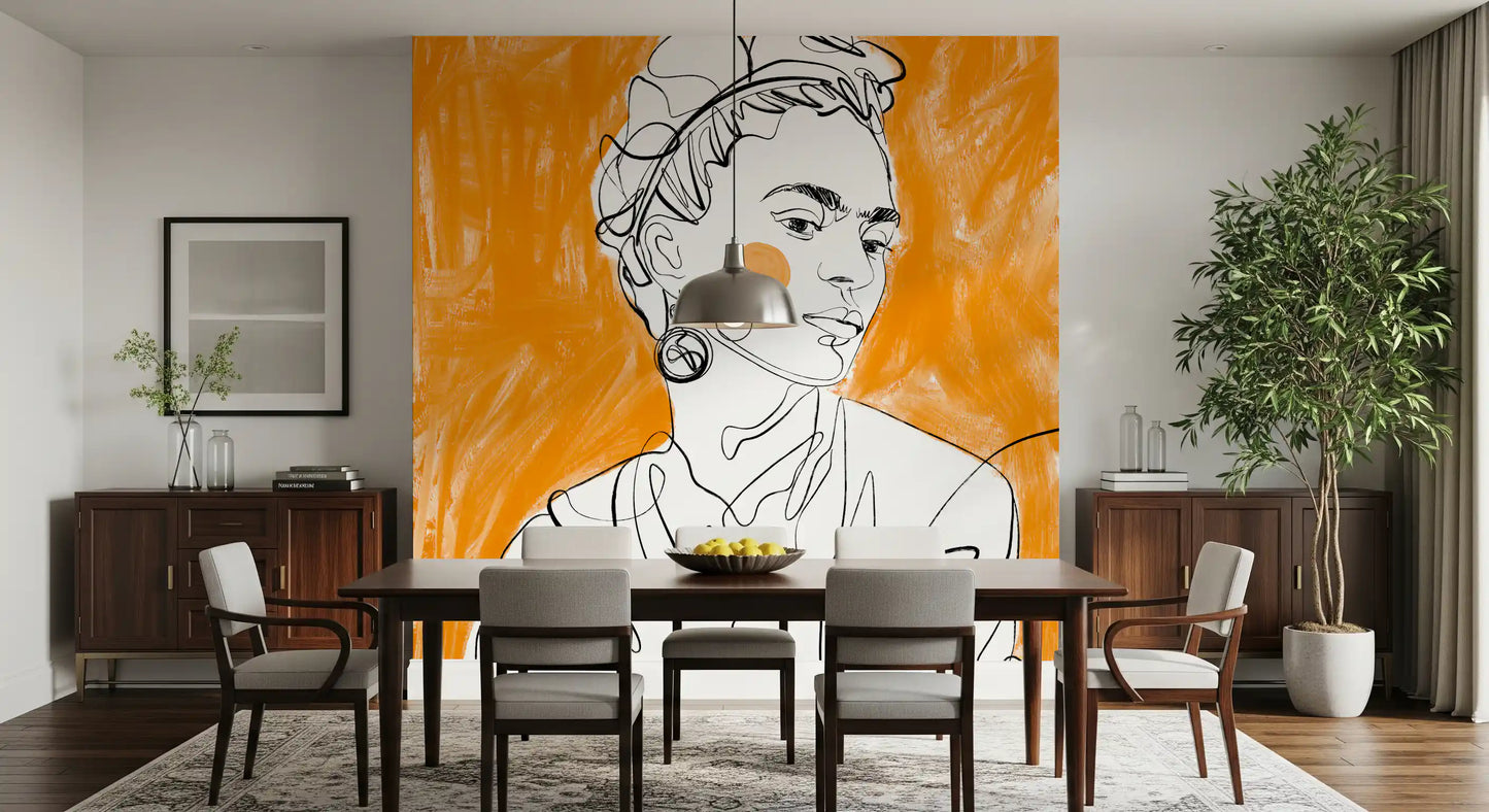 Dining room featuring the bold Tangerine Muse line figure wall mural