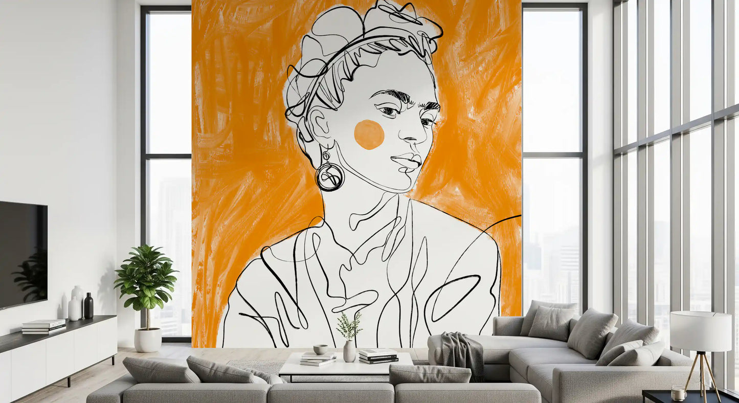 Full view of the Tangerine Muse wall mural showing portrait and orange ground