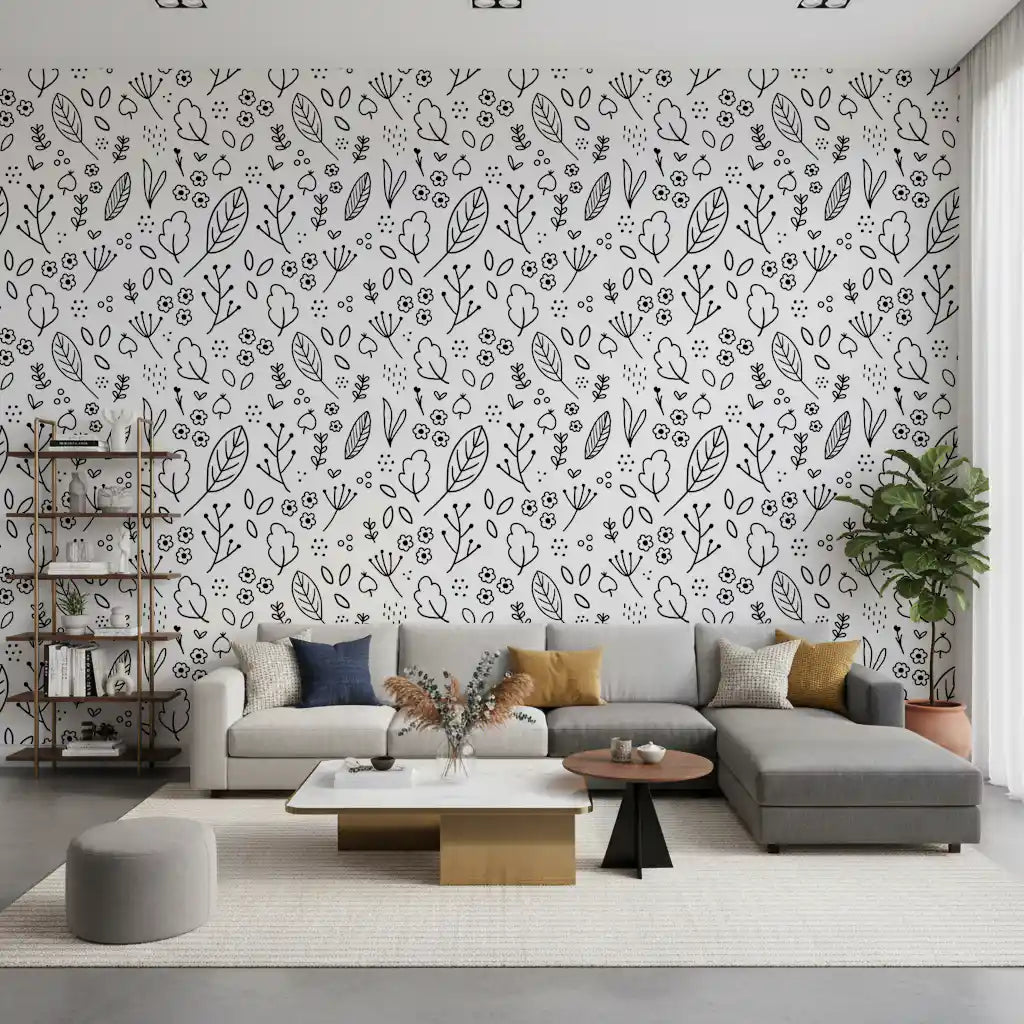 Cottage Wildflowers wallpaper behind a neutral toned living room with natural light