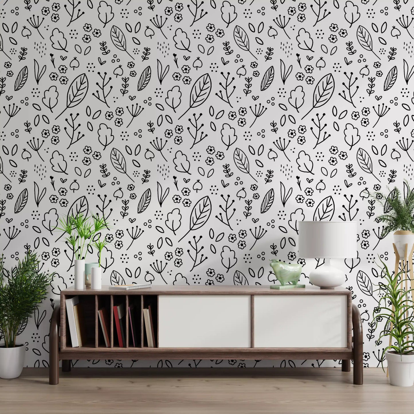 Inked florals on the white ground of Monochrome Leaves wallpaper