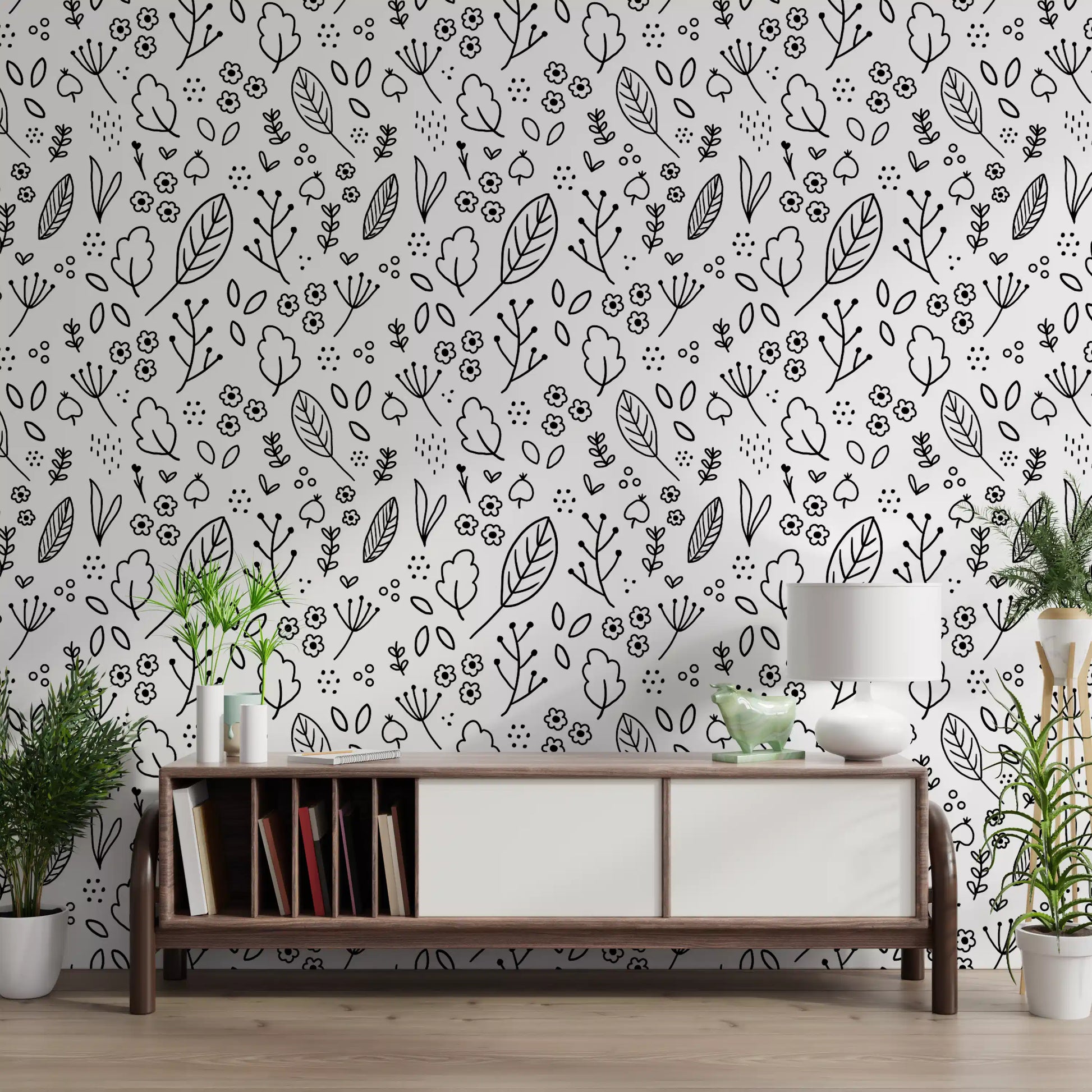 Inked florals on the white ground of Monochrome Leaves wallpaper