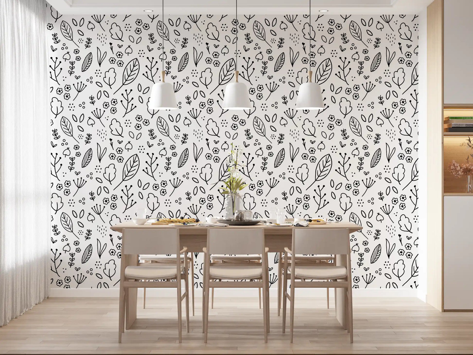 Scalloped blue medallions holding varied clusters on Cottage wallpaper