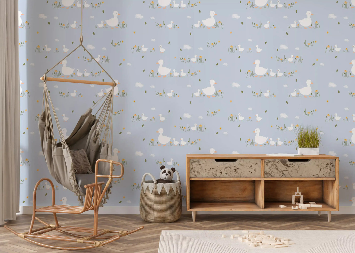 Hallway nook framed by Baby Ducklings wallpaper beside a tall mirror and console