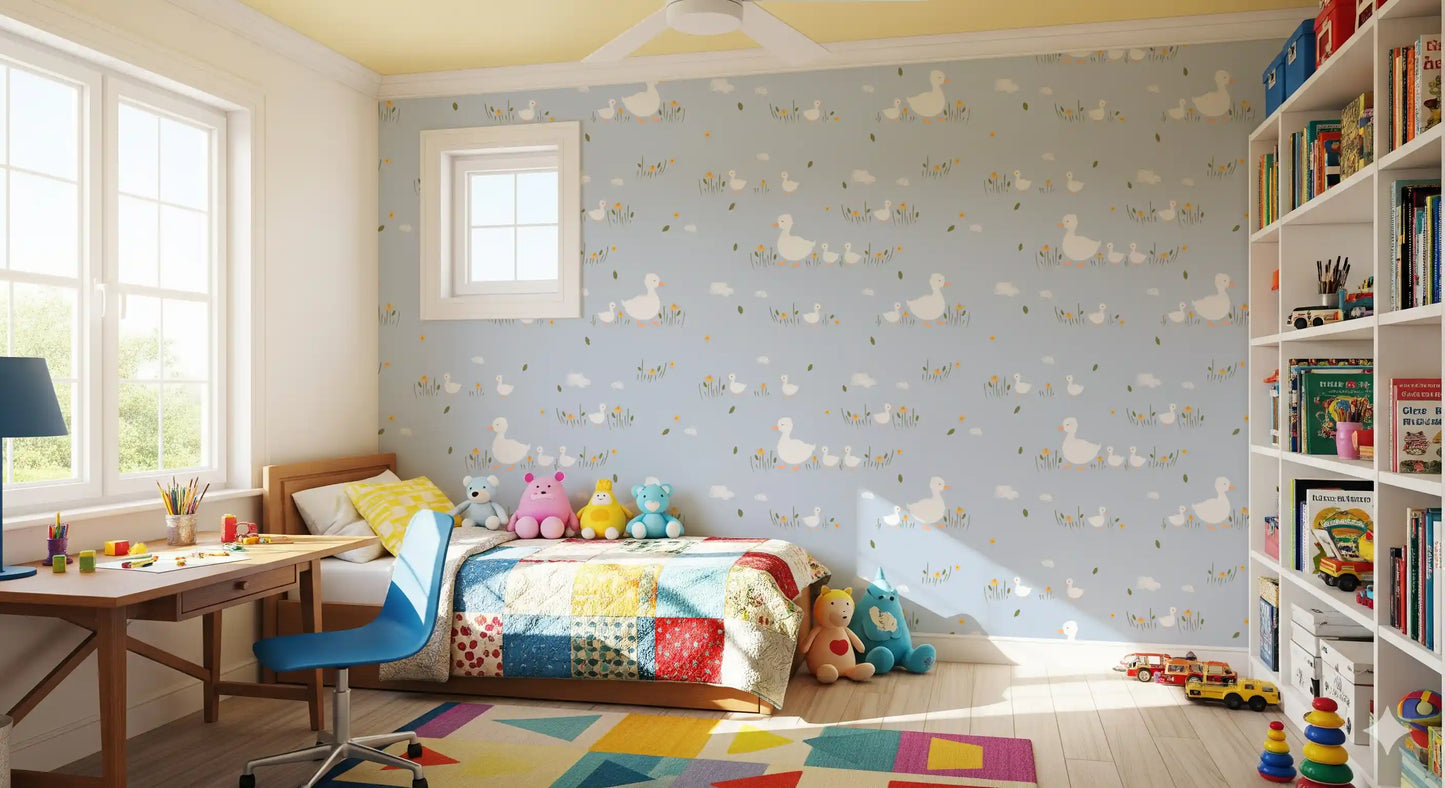 Toddler bedroom finished in Baby Ducklings wallpaper near a rocking