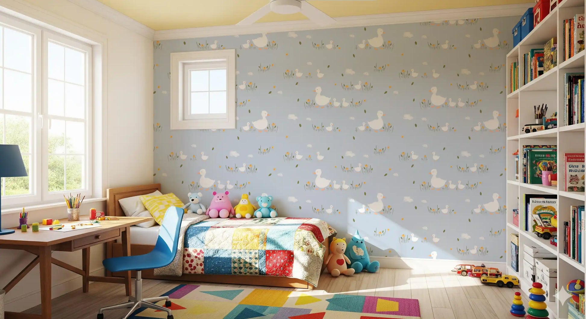 Toddler bedroom finished in Baby Ducklings wallpaper near a rocking