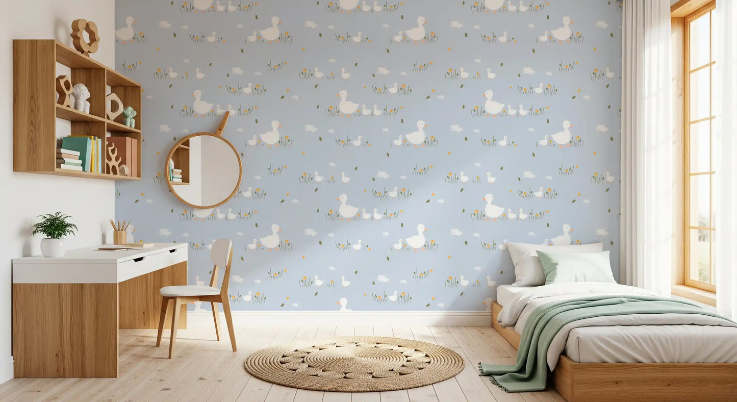 Powder-blue ground carries Baby Ducklings wallpaper motifs in even, breezy spacing