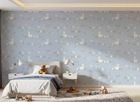Chalky cloud puffs drift between motifs on this Baby Ducklings wallpaper layout
