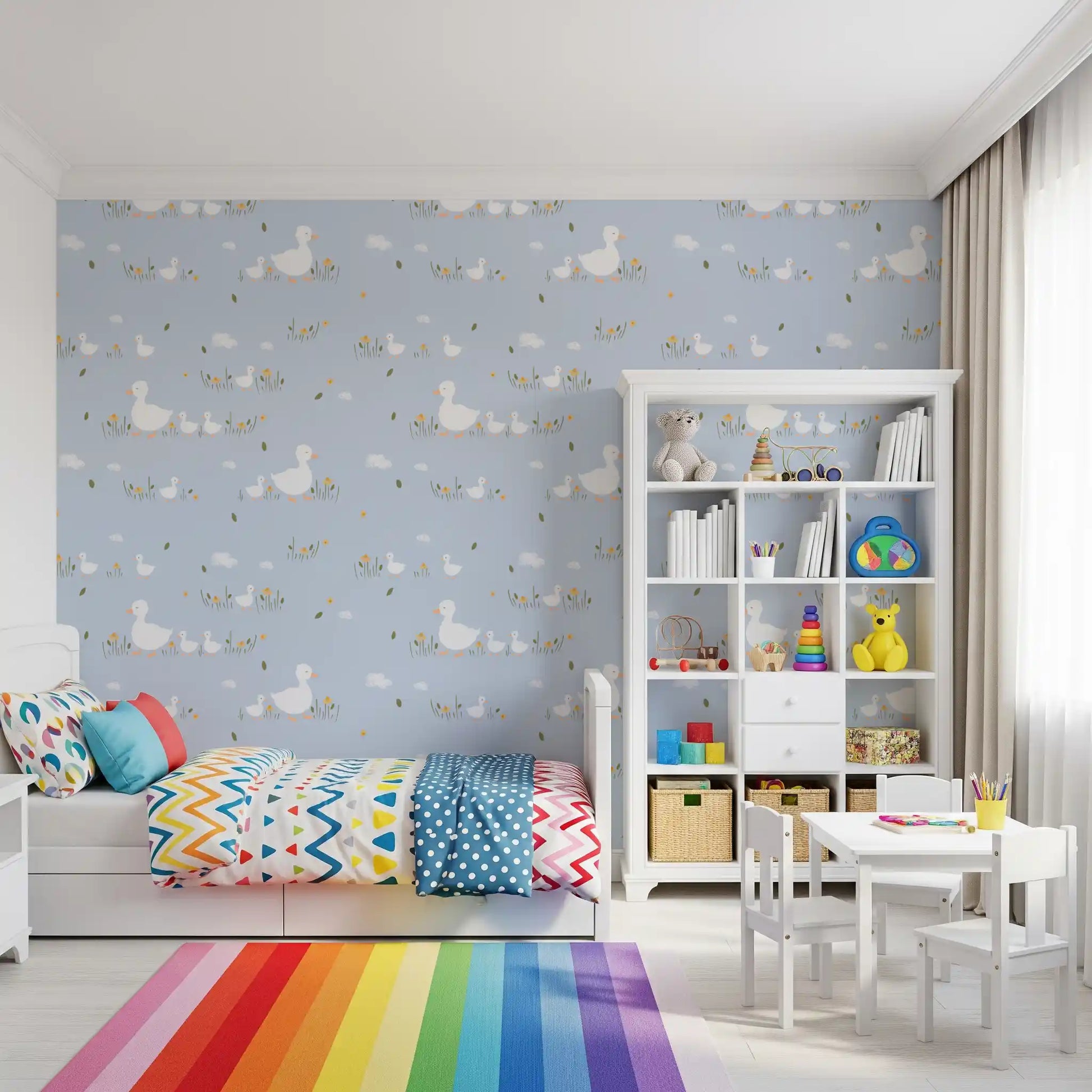 Nursery surface showing the Baby Ducklings wallpaper near a yellow tulip vase