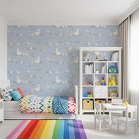 Nursery surface showing the Baby Ducklings wallpaper near a yellow tulip vase