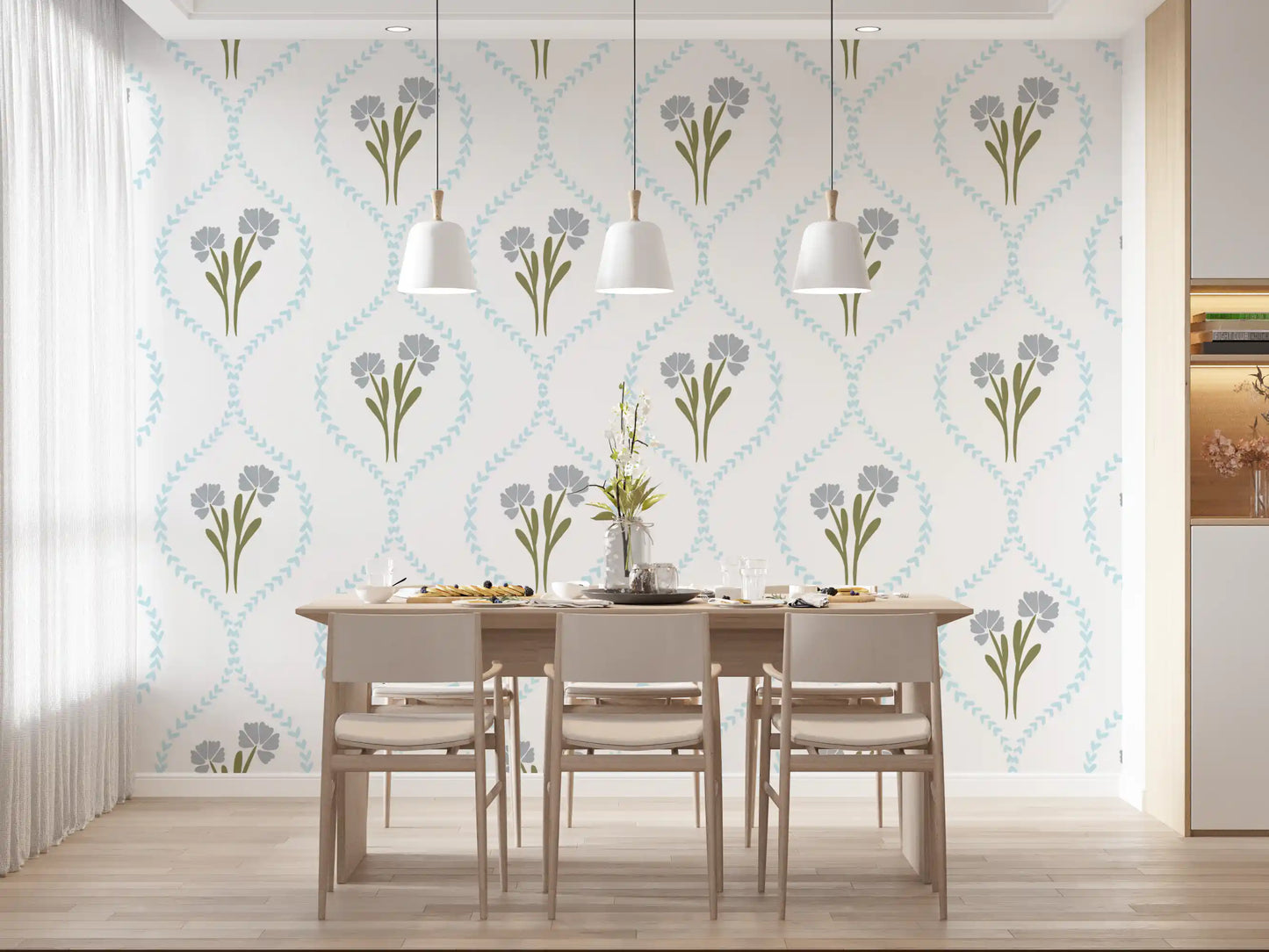 Dining area framed by trellis wallpaper with grey-blue cornflower motifs