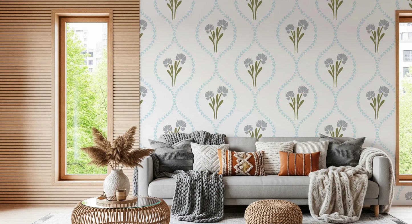 Pale icy-blue lattice repeats evenly on the white-ground floral wallpaper