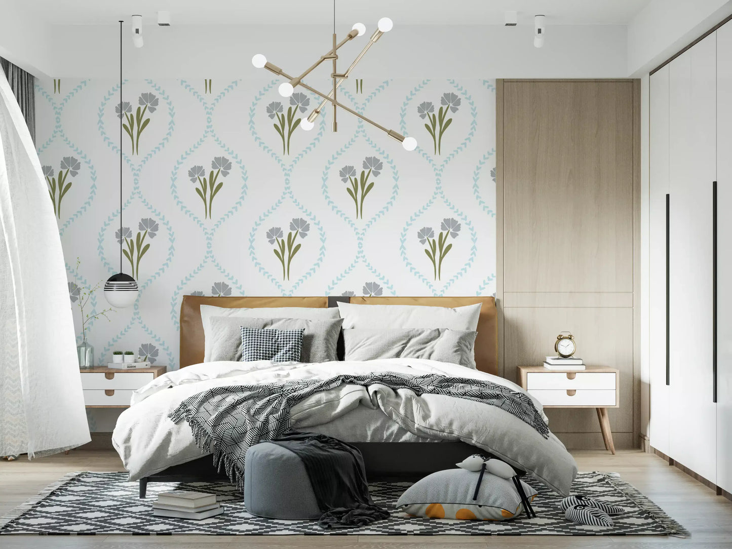 Bedroom set with the Blue Cornflowers wallpaper above a small play nook