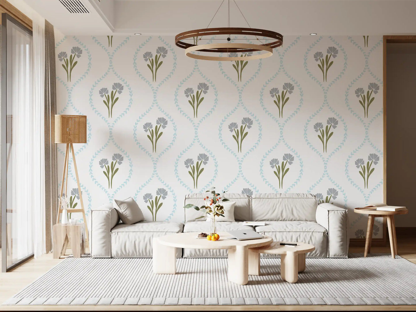 Olive-stem floral wallpaper running across a calm Living room 
