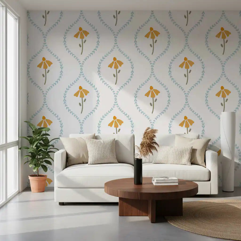 Cosy lounge seating arranged against the Heart Blossom wallpaper