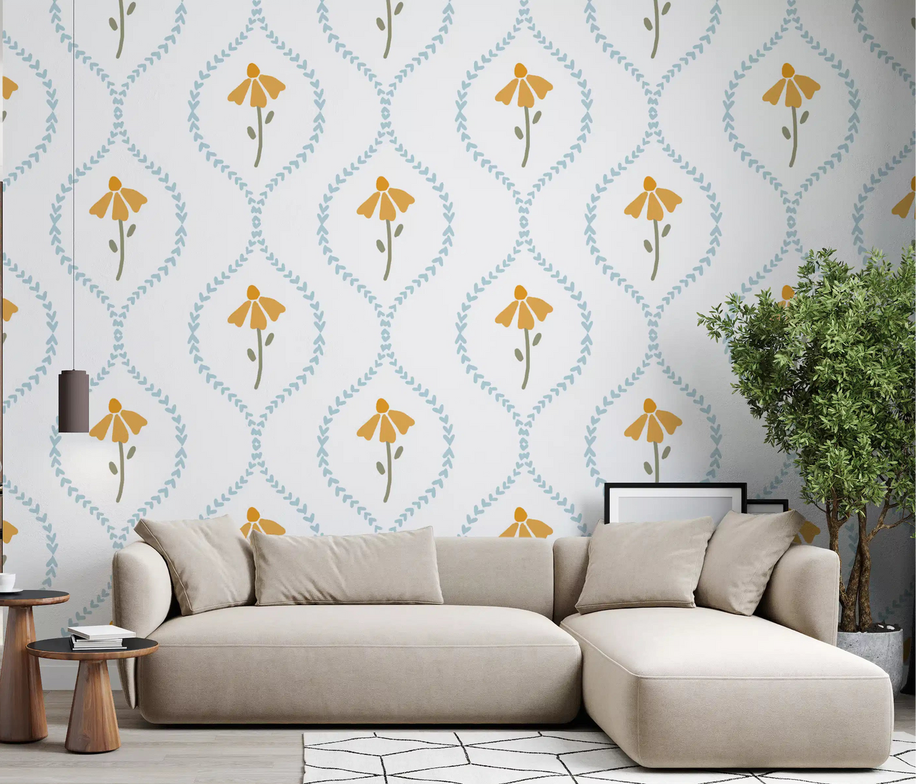 Beige sectional in a living room with Sweet Blossom Pattern wallpaper