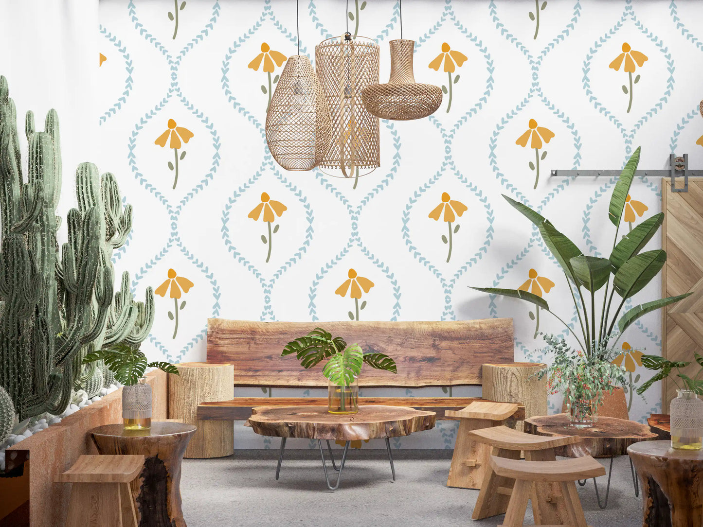 Powder blue heart chevrons forming diamond frames on this floral wallpaper