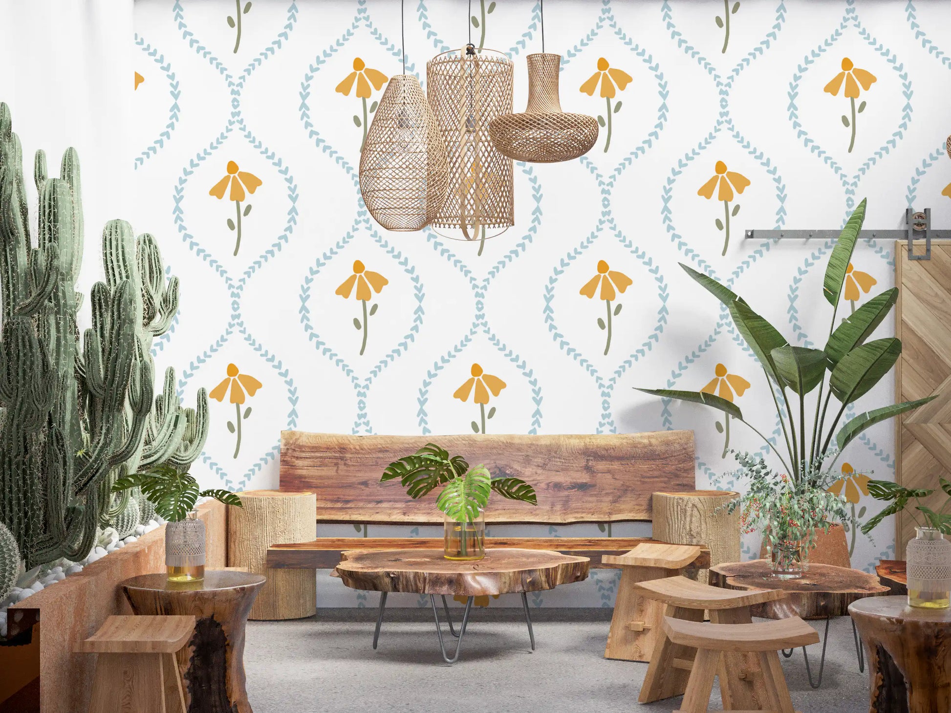 Powder blue heart chevrons forming diamond frames on this floral wallpaper