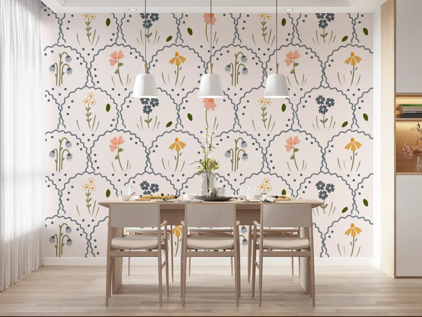Dining room space lined with the Wildflowers Victorian wallpaper pattern