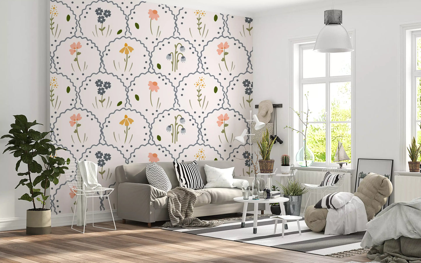 Wavy gray arches framing peach and gold blooms on Wildflowers wallpaper