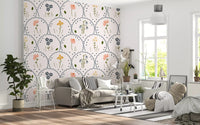 Wavy gray arches framing peach and gold blooms on Wildflowers wallpaper