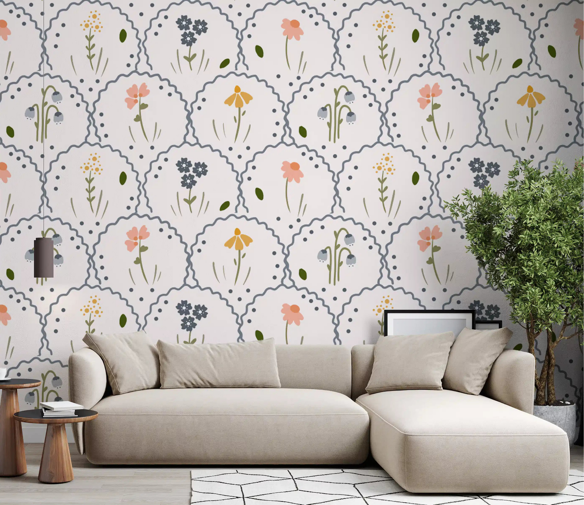 Living room accent with Victorian Wildflowers wallpaper behind a seating area