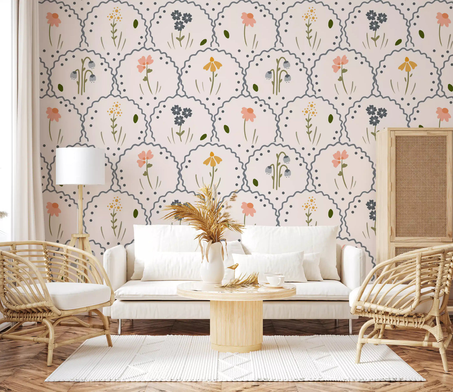 Coral coneflower and hanging snowdrop on the Wildflowers Victorian wallpaper